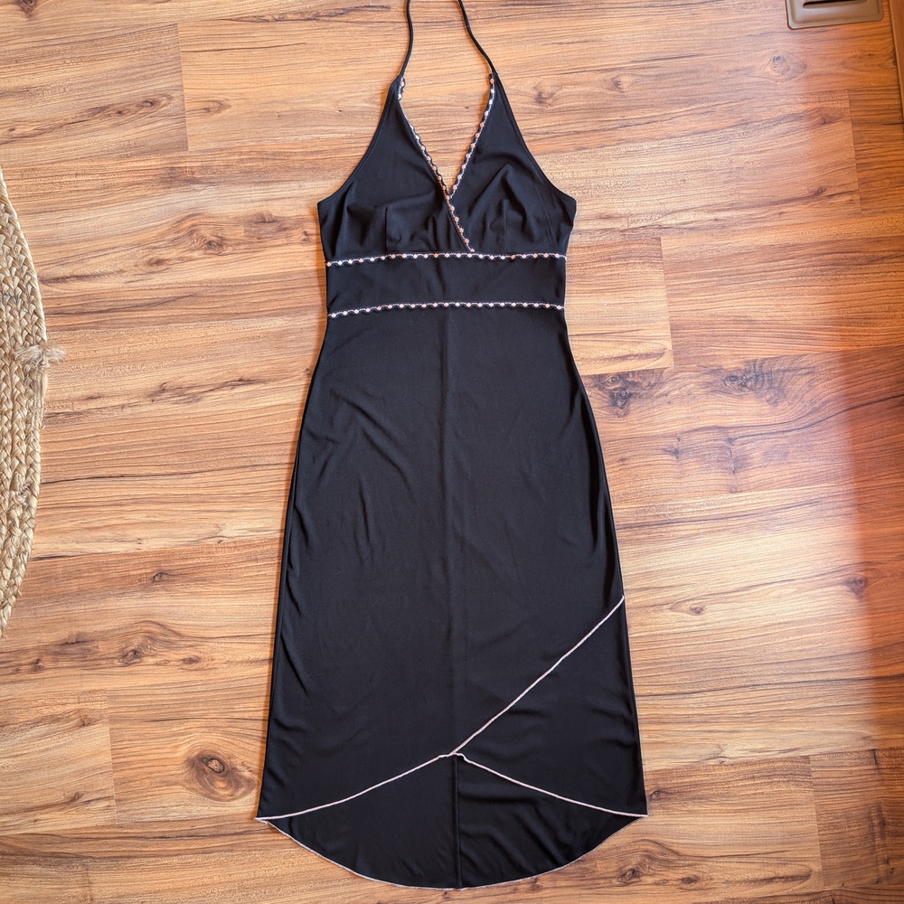 Byer Too! Y2K Black Halter Dress  – Contrast Stitch – Asymmetrical Hem – Size M